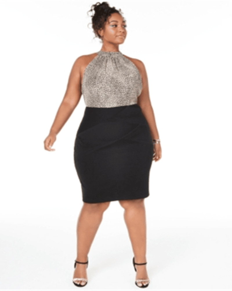 Front of a model wearing a size 16 Teeze Me Women's Plus Animal Print Bandage Halter Dress Black Size 16 in Black by Teeze Me. | dia_product_style_image_id:313578